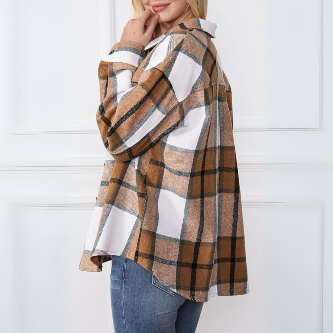 Dames Flanellen Shacket Casual Jas | Geruite Blouse met Knoopsluiting, Lange Mouwen, Herfst- en Winteroutfit